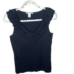 WHBM Black V Neck Sleeveless top with silk ruffle neck detail, size XS